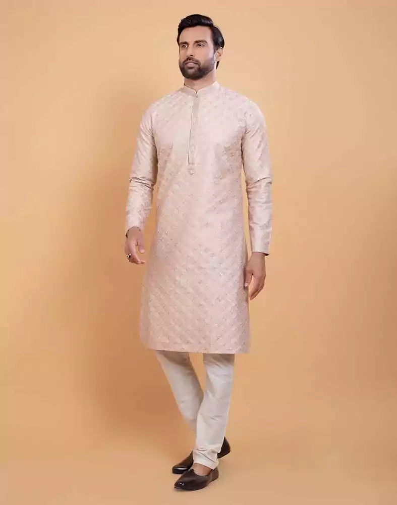 Image of Fawn Coloured Self Design Embellished work Jacquard Kurta Set