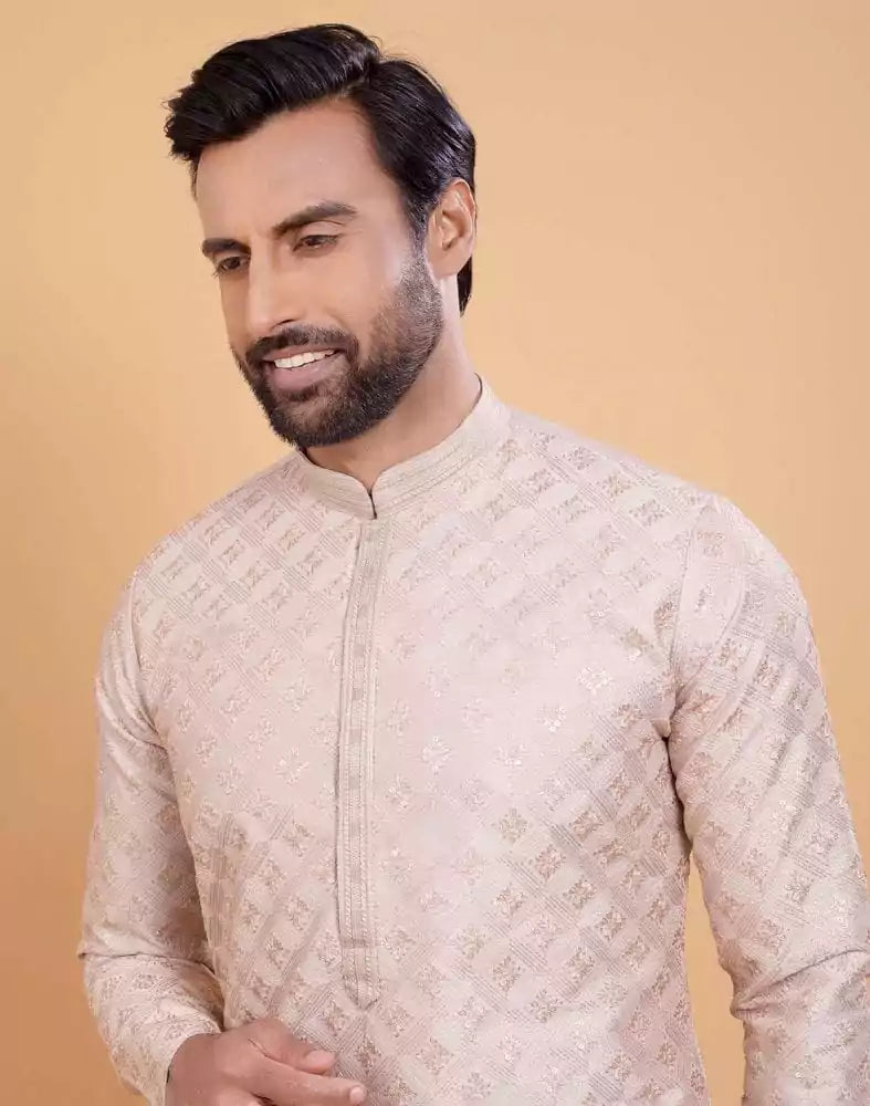 Image of Fawn Coloured Self Design Embellished work Jacquard Kurta Set