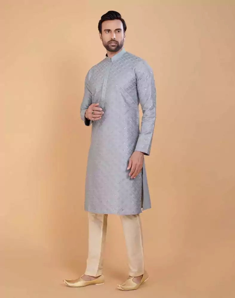 Image of Grey Self Design Embellished work Jacquard Kurta Set