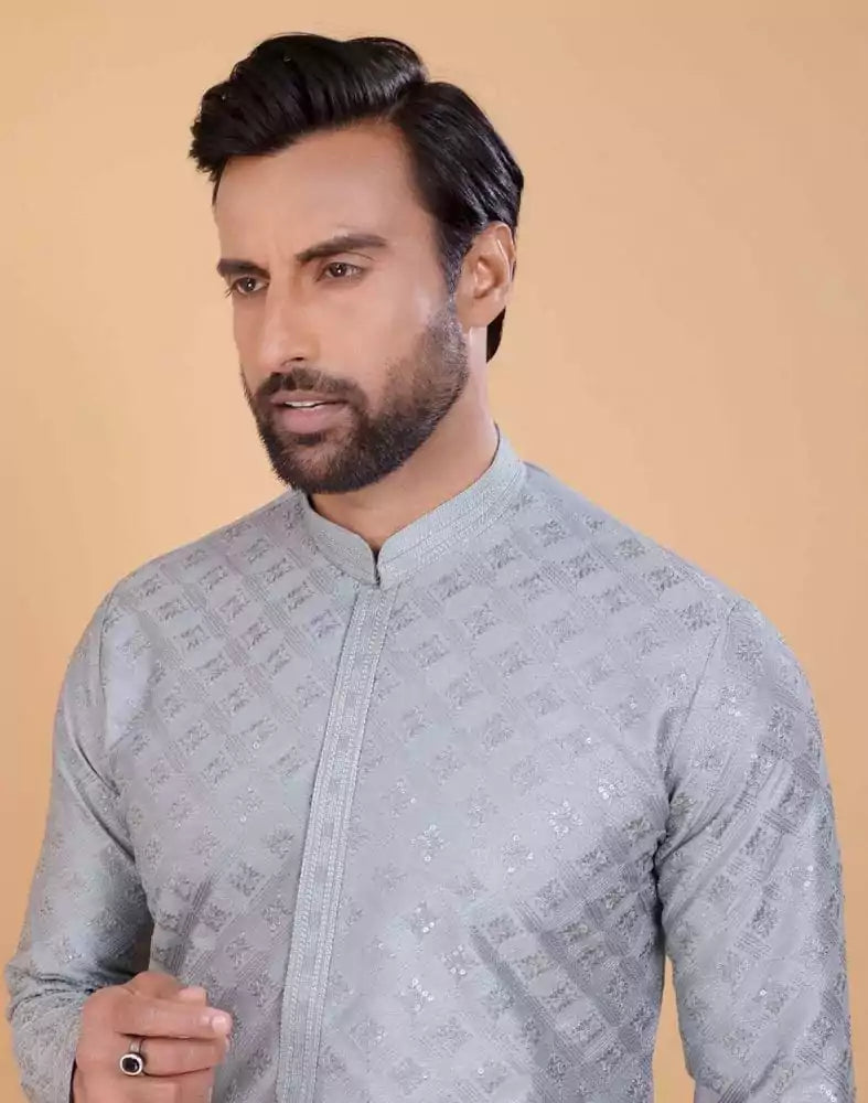 Image of Grey Self Design Embellished work Jacquard Kurta Set