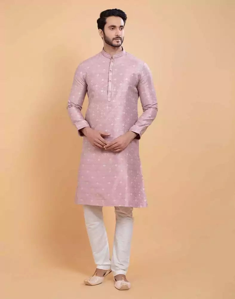 Image of All Over Self Design Print Light Pink Colour Jacquard Kurta Set