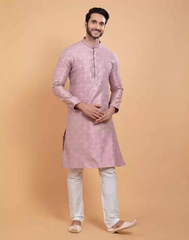 Image of All Over Self Design Print Light Pink Colour Jacquard Kurta Set