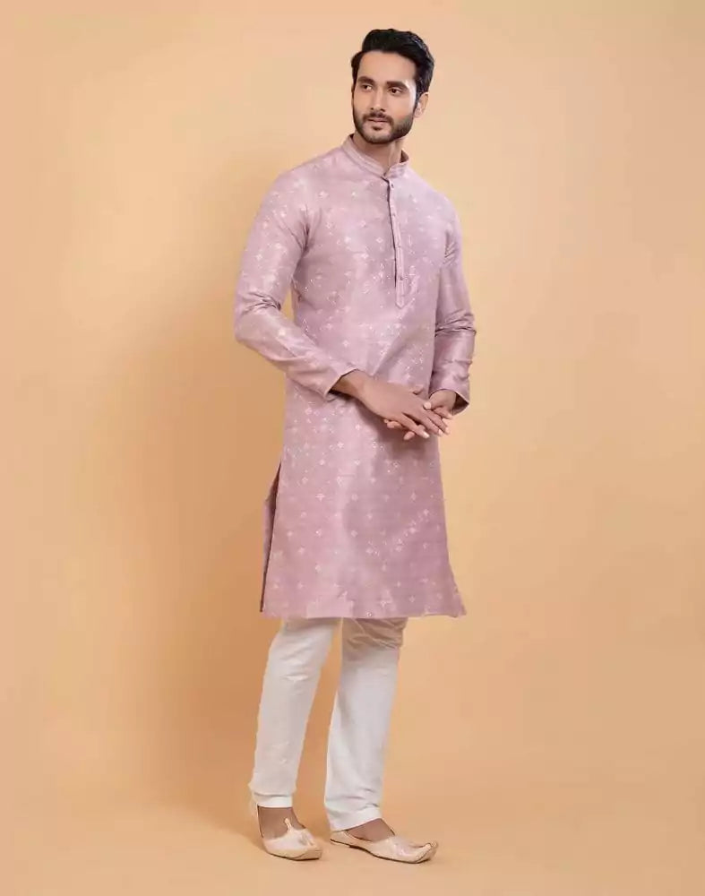 Image of All Over Self Design Print Light Pink Colour Jacquard Kurta Set