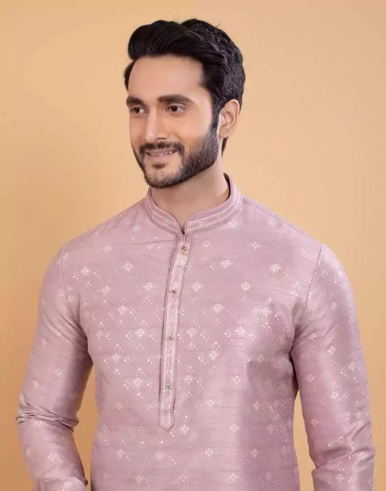 Image of All Over Self Design Print Light Pink Colour Jacquard Kurta Set
