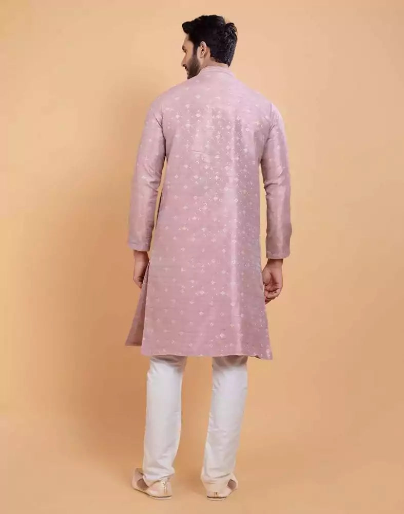 Image of All Over Self Design Print Light Pink Colour Jacquard Kurta Set