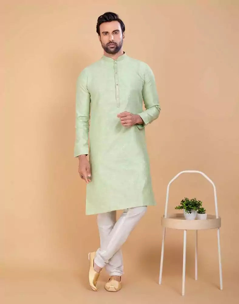 Image of All Over Self Design Mehendi Green Jacquard and Printed Kurta Set