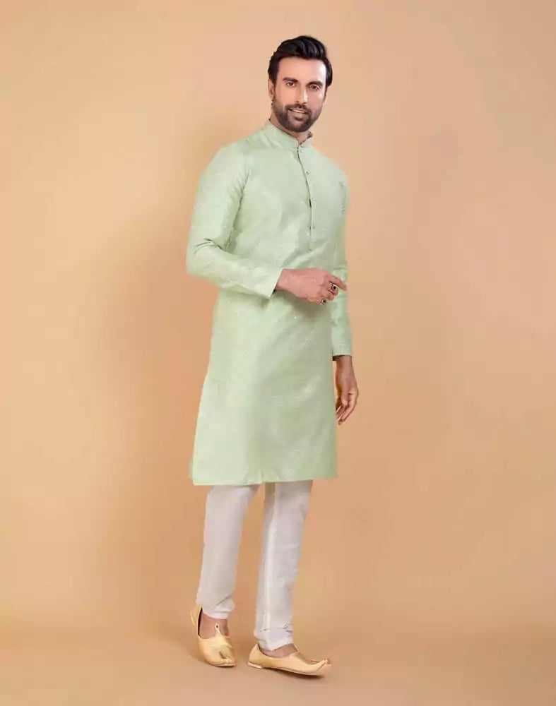 Image of All Over Self Design Mehendi Green Jacquard and Printed Kurta Set
