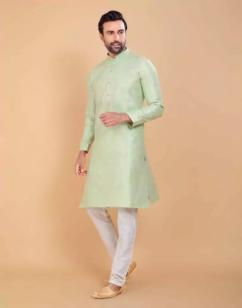 Image of All Over Self Design Mehendi Green Jacquard and Printed Kurta Set