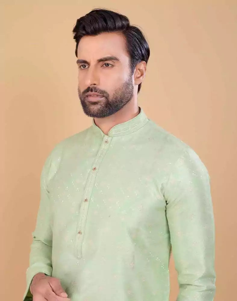 Image of All Over Self Design Mehendi Green Jacquard and Printed Kurta Set