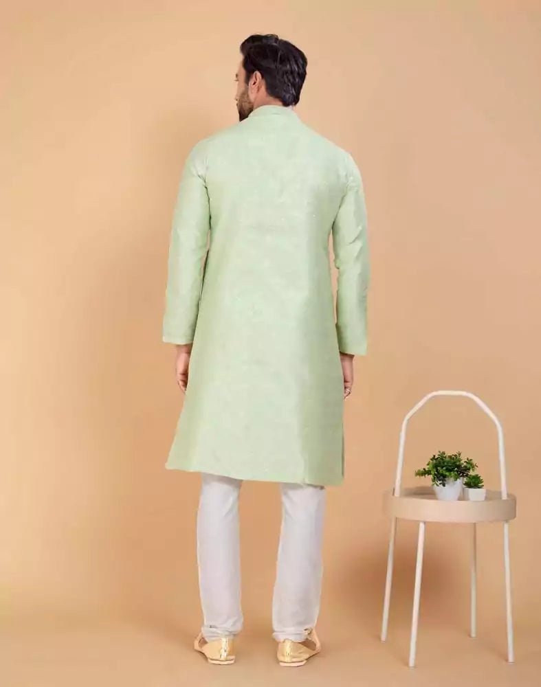 Image of All Over Self Design Mehendi Green Jacquard and Printed Kurta Set