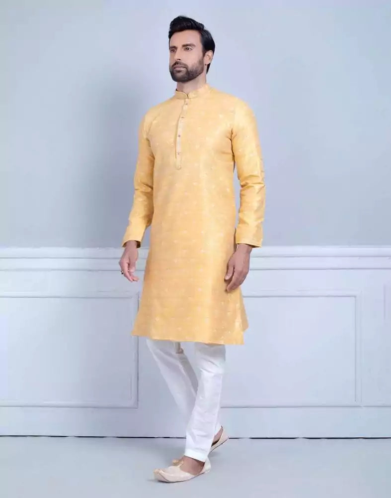 Image of All Over Self Design Print Mustard Coloured Jacquard Kurta Set