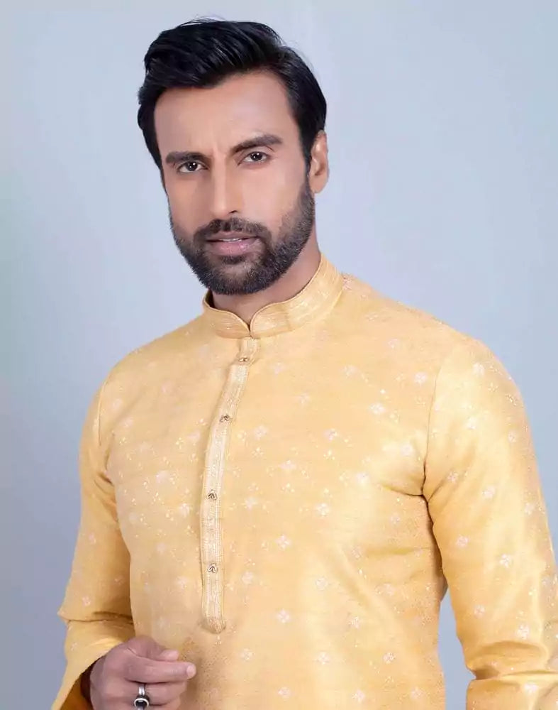 Image of All Over Self Design Print Mustard Coloured Jacquard Kurta Set