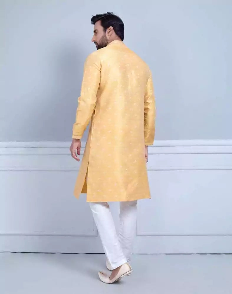 Image of All Over Self Design Print Mustard Coloured Jacquard Kurta Set