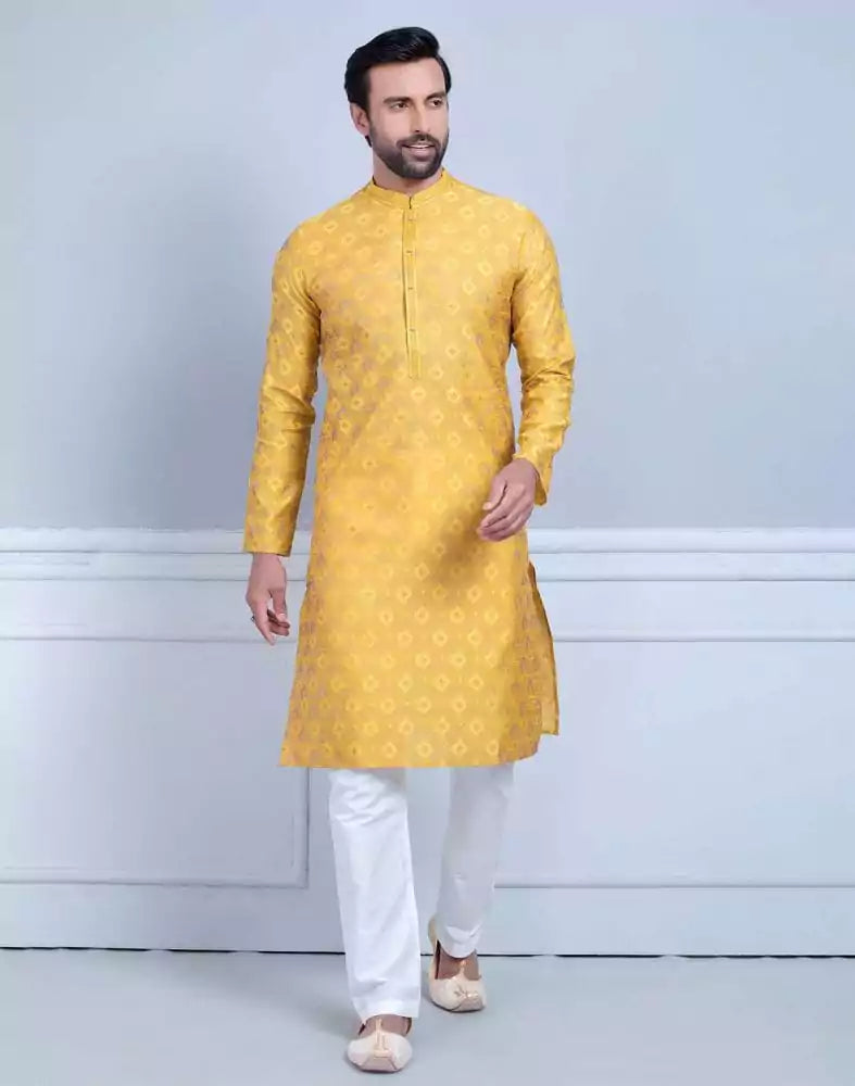 Image of Mustard Soft Silk Self Booti Design Kurta Set