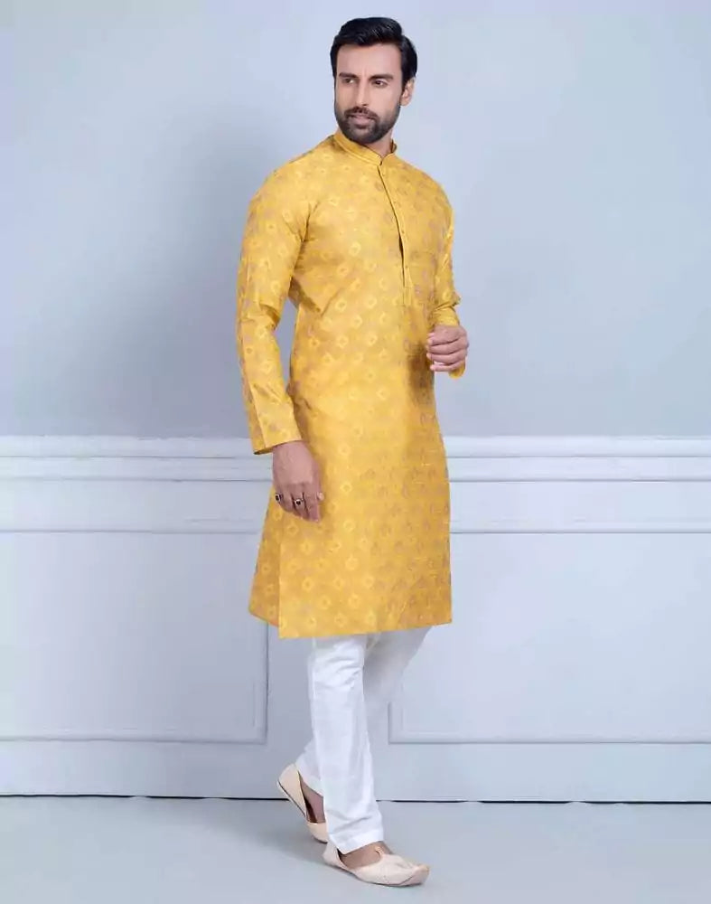 Image of Mustard Soft Silk Self Booti Design Kurta Set