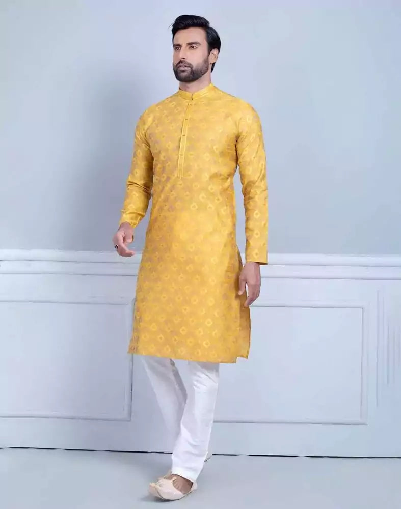 Image of Mustard Soft Silk Self Booti Design Kurta Set