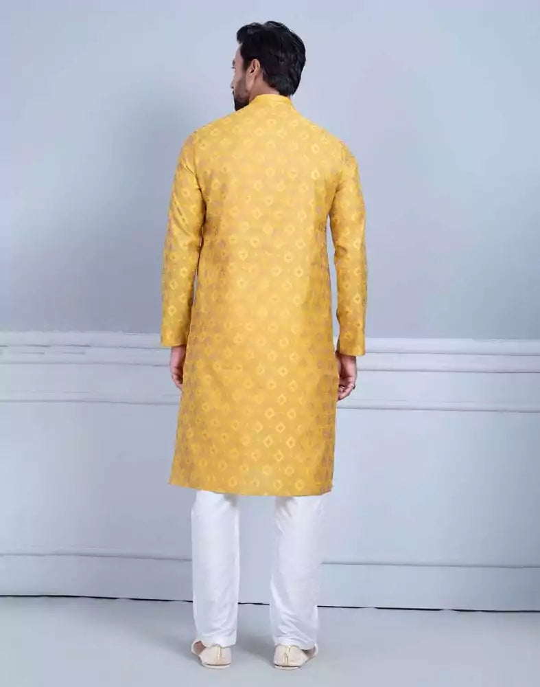 Image of Mustard Soft Silk Self Booti Design Kurta Set