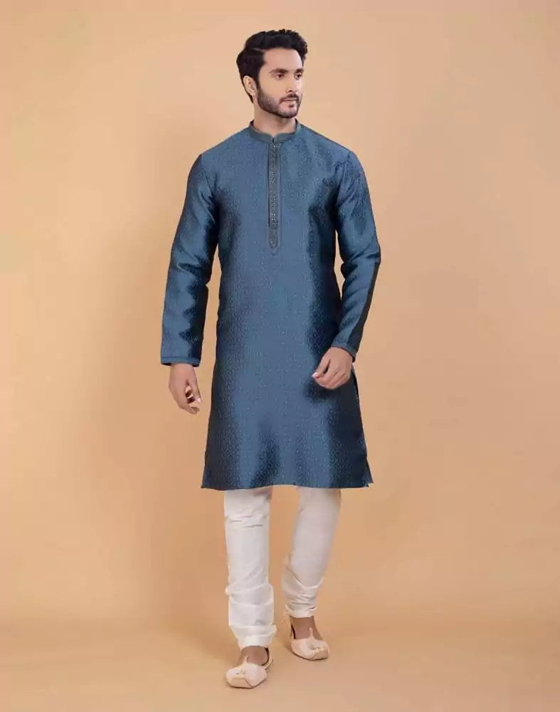 Image of Grey Self Jacquard All Over Printed With Thread Work Kurta Set