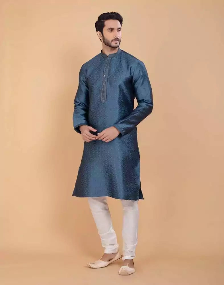 Image of Grey Self Jacquard All Over Printed With Thread Work Kurta Set