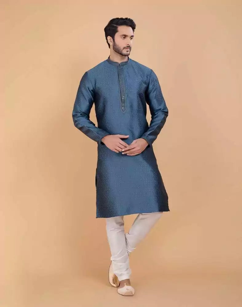 Image of Grey Self Jacquard All Over Printed With Thread Work Kurta Set