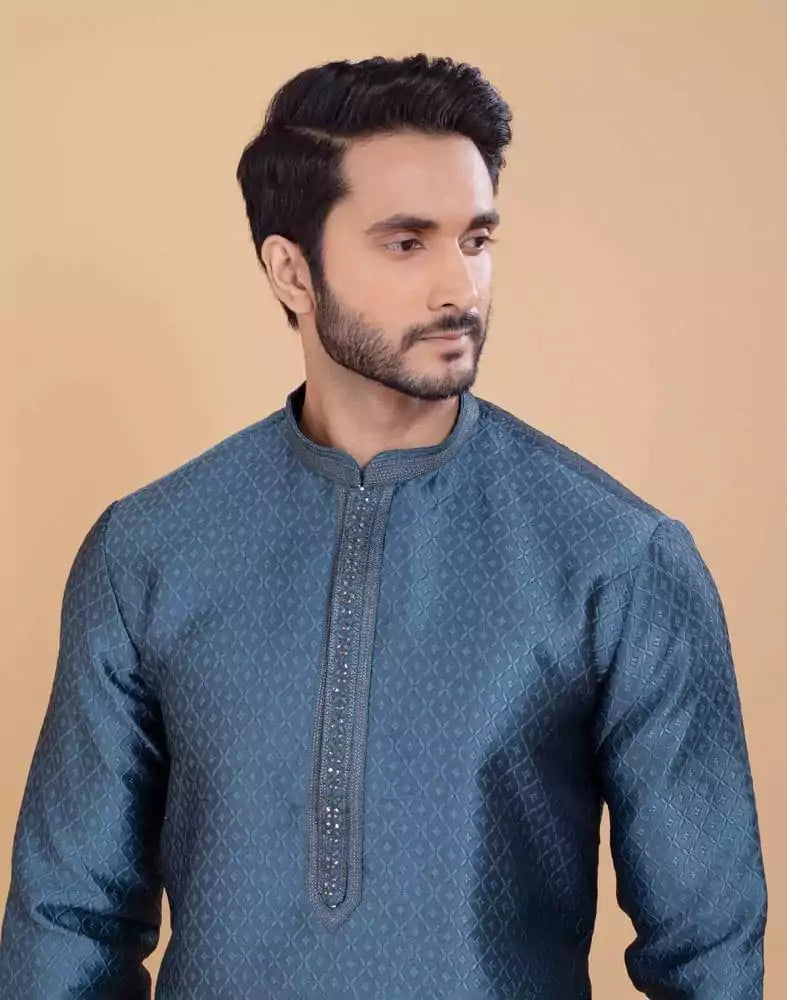 Image of Grey Self Jacquard All Over Printed With Thread Work Kurta Set