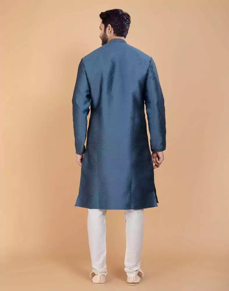 Image of Grey Self Jacquard All Over Printed With Thread Work Kurta Set