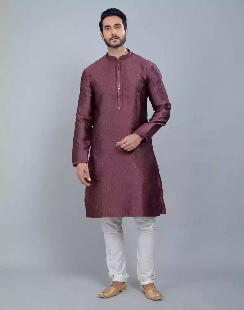 Image of Light Pink Self Jacquard All Over Printed With Thread Work Kurta Set