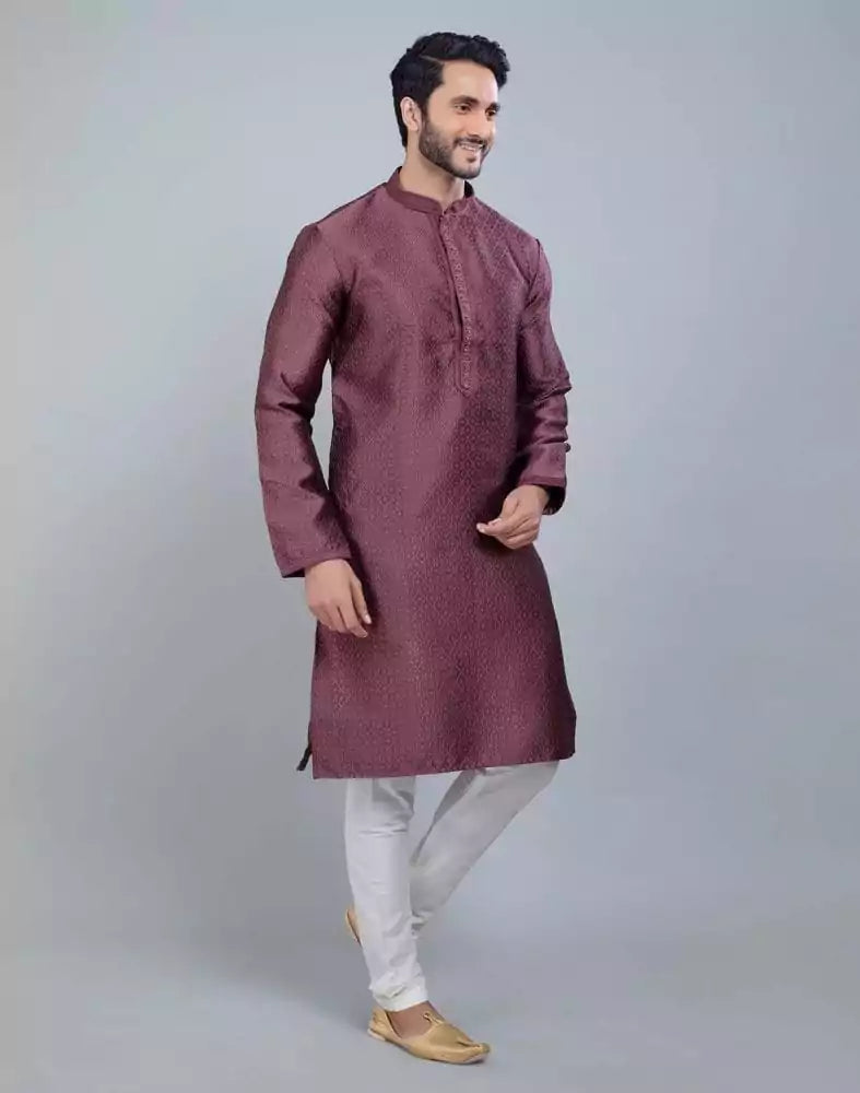 Image of Light Pink Self Jacquard All Over Printed With Thread Work Kurta Set