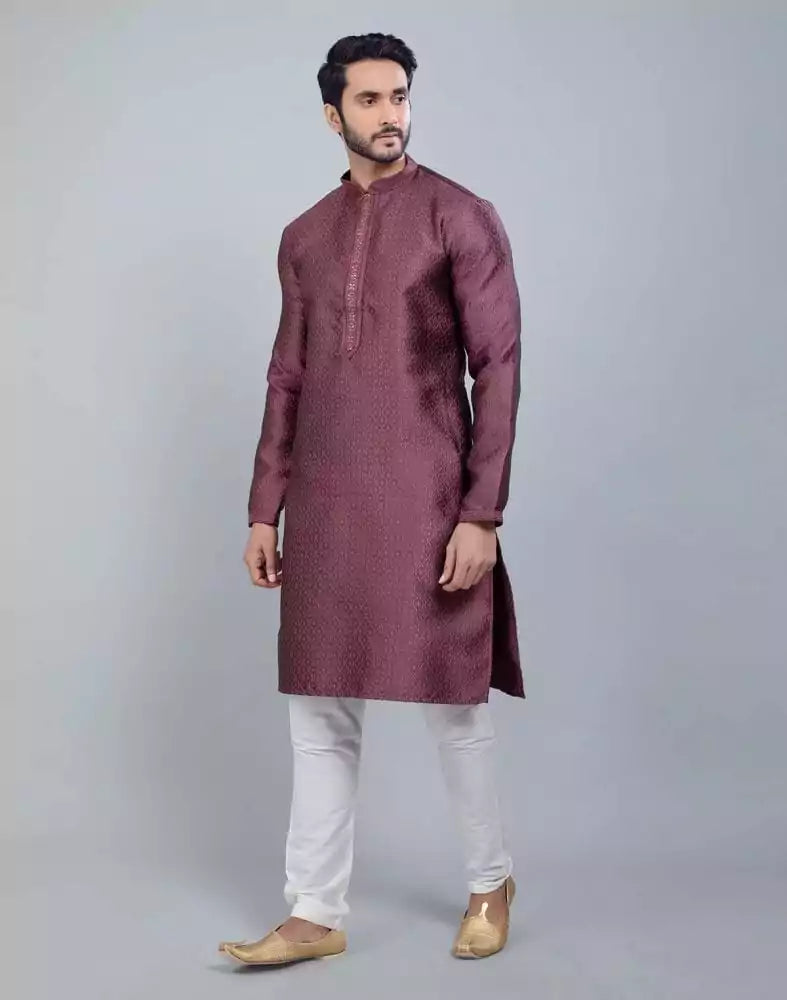 Image of Light Pink Self Jacquard All Over Printed With Thread Work Kurta Set