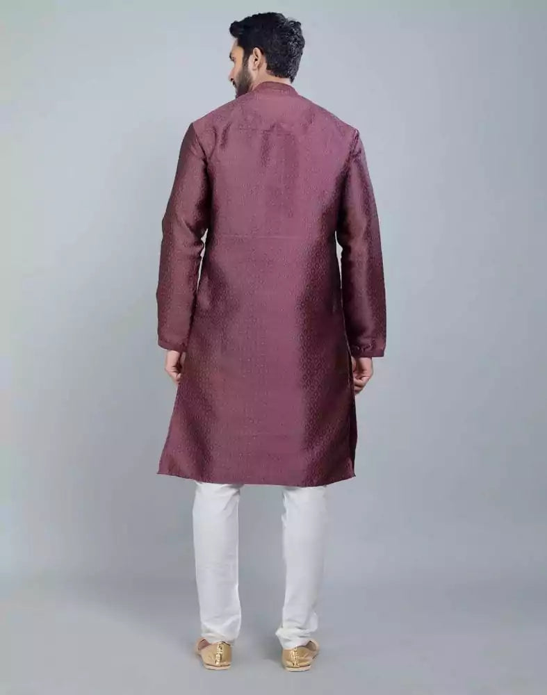Image of Light Pink Self Jacquard All Over Printed With Thread Work Kurta Set