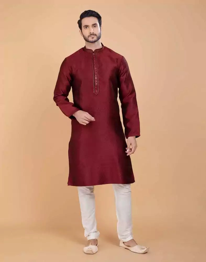 Image of Maroon Self Jacquard All Over Printed With Thread Work Kurta Set