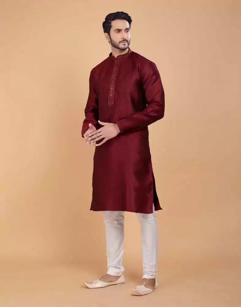 Image of Maroon Self Jacquard All Over Printed With Thread Work Kurta Set