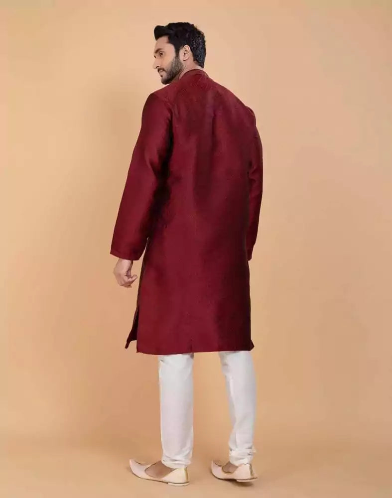 Image of Maroon Self Jacquard All Over Printed With Thread Work Kurta Set