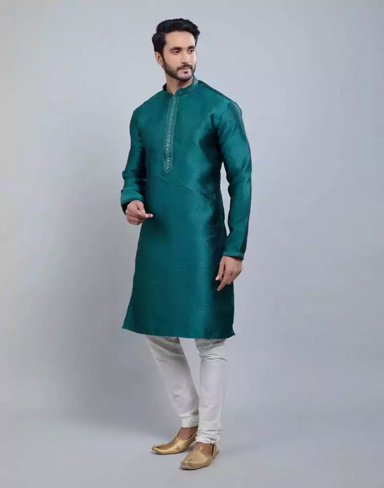 Image of Self Jacquard All Over Printed With Thread Work Kurta Set