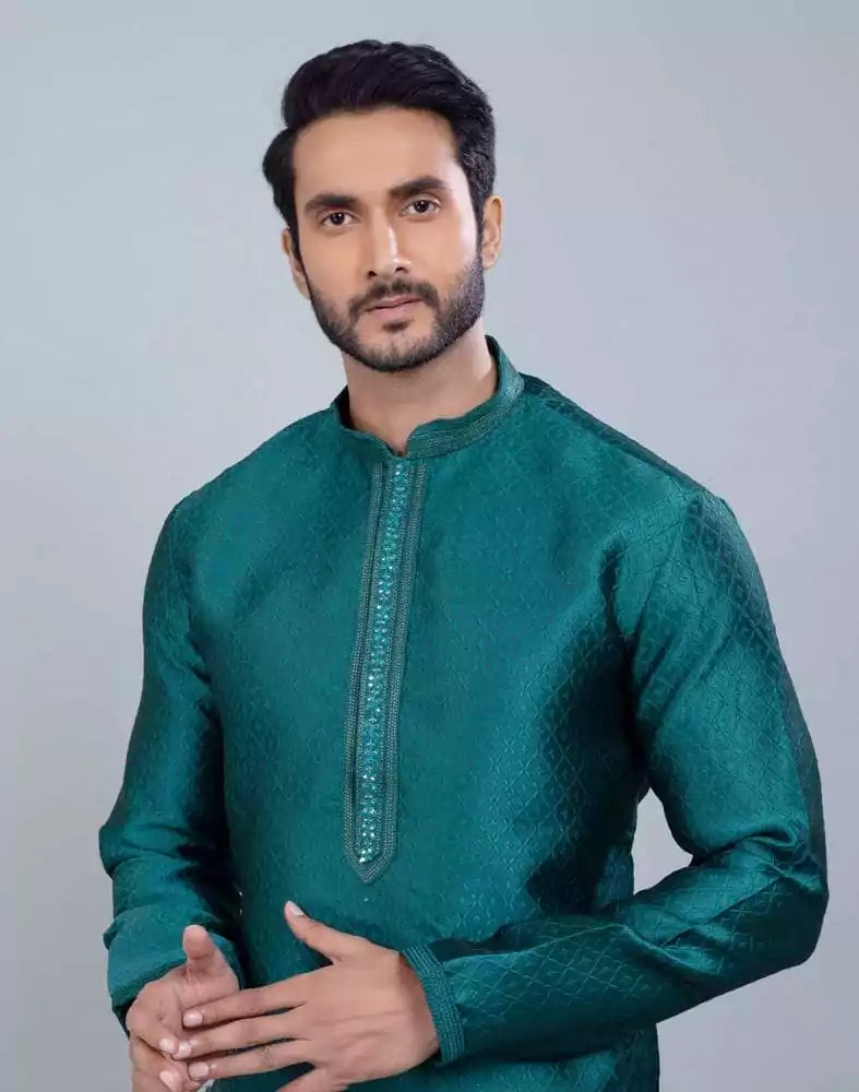 Image of Self Jacquard All Over Printed With Thread Work Kurta Set