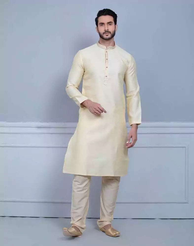 Image of Simple Cream Coloured Self Made Festive Design Kurta Set