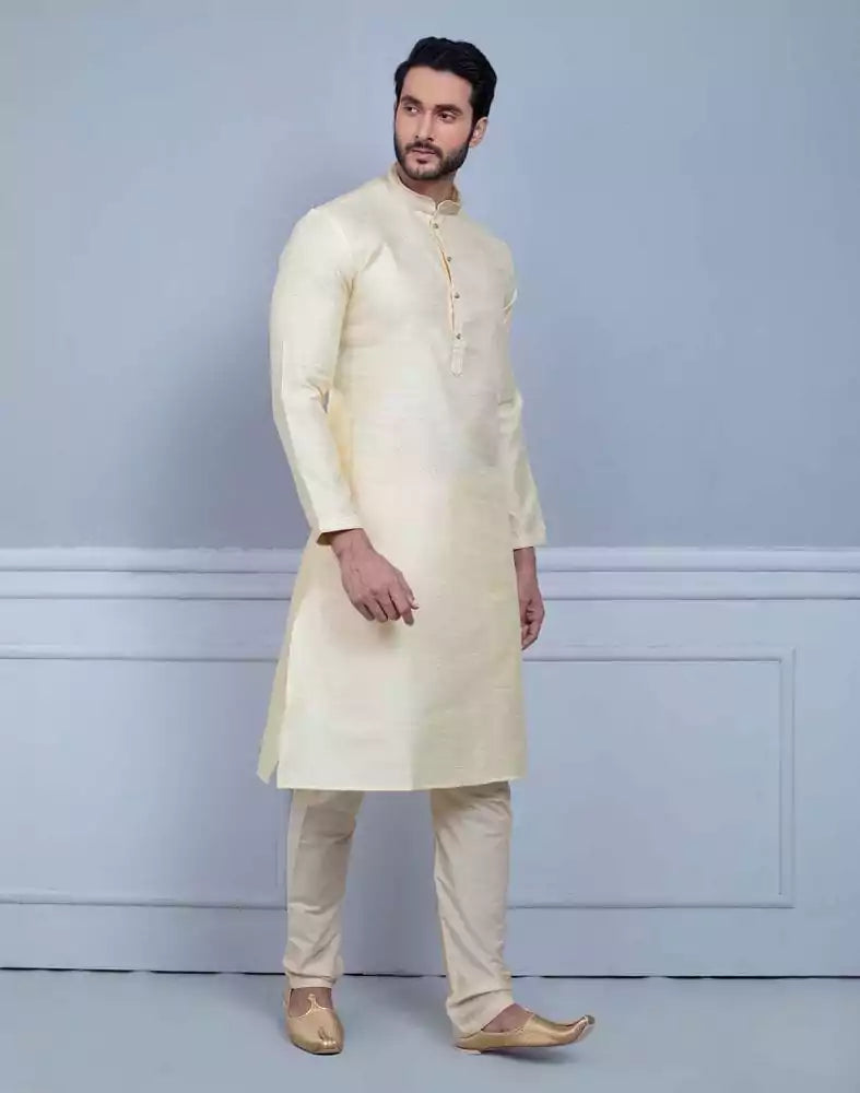Image of Simple Cream Coloured Self Made Festive Design Kurta Set