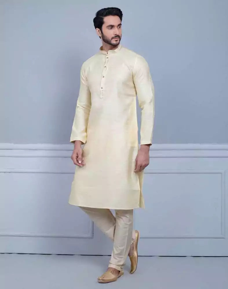 Image of Simple Cream Coloured Self Made Festive Design Kurta Set