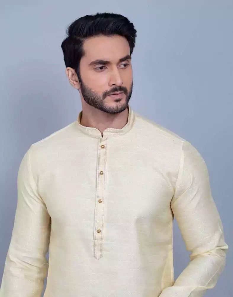 Image of Simple Cream Coloured Self Made Festive Design Kurta Set