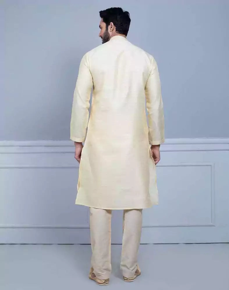 Image of Simple Cream Coloured Self Made Festive Design Kurta Set