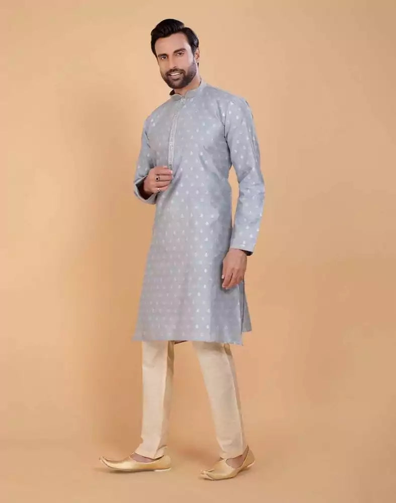 Image of Grey Coloured Soft Silk Luxurious Silver Booti Kurta Set
