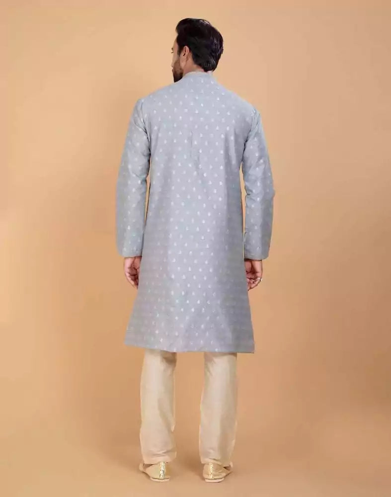 Image of Grey Coloured Soft Silk Luxurious Silver Booti Kurta Set