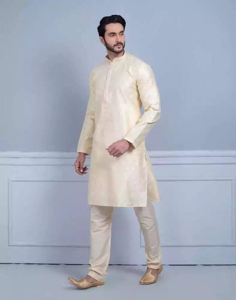 Image of Soft Silk Luxurious Silver Booti Kurta Set