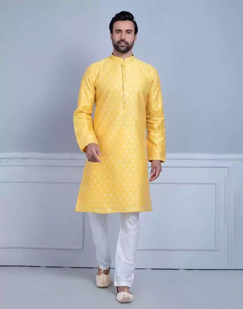 Image of Yellow Soft Silk Luxurious Silver Booti Kurta Set