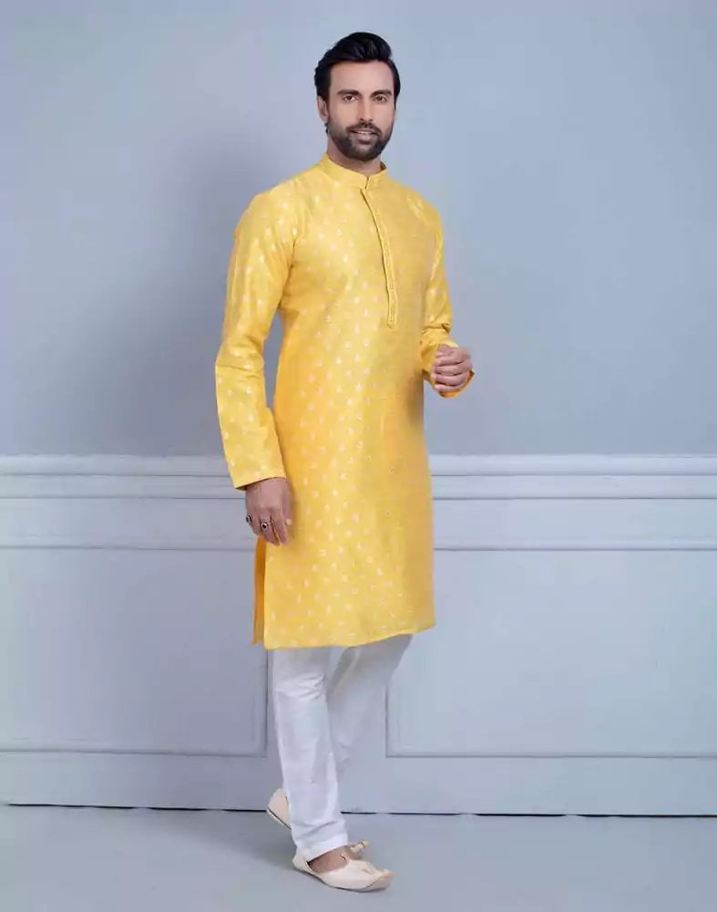 Image of Yellow Soft Silk Luxurious Silver Booti Kurta Set