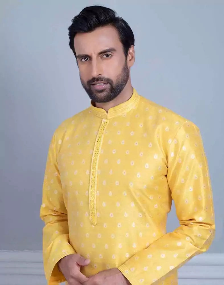 Image of Yellow Soft Silk Luxurious Silver Booti Kurta Set