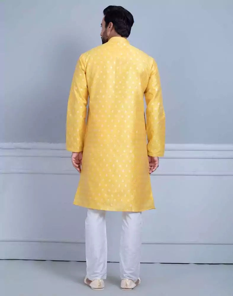 Image of Yellow Soft Silk Luxurious Silver Booti Kurta Set