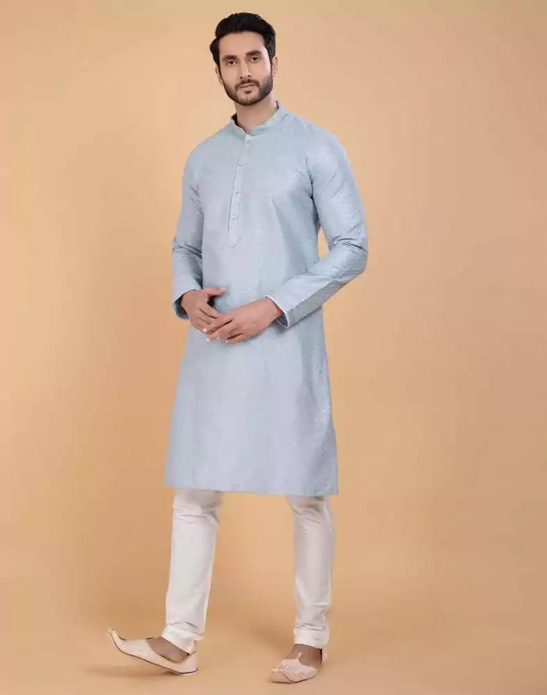 Image of Grey Soft Silk Fabric With All Silver Zari Work Kurta Set