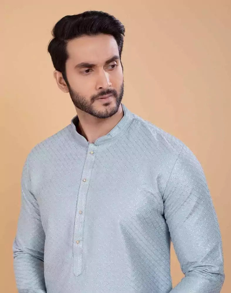 Image of Grey Soft Silk Fabric With All Silver Zari Work Kurta Set