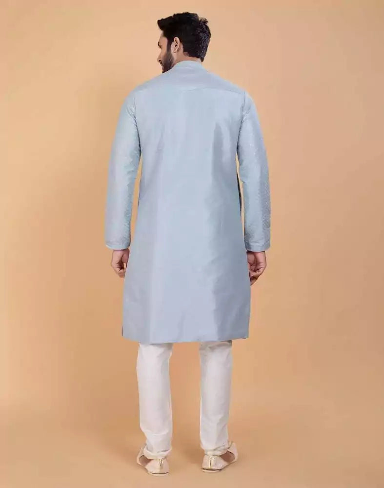 Image of Grey Soft Silk Fabric With All Silver Zari Work Kurta Set